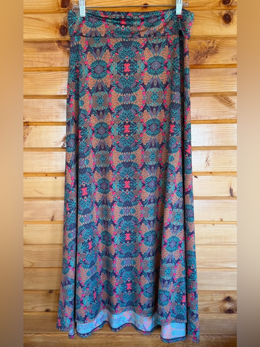 LuLaRoe Maxi Skirt in Teal, Coral & Navy Kaleidoscope Print